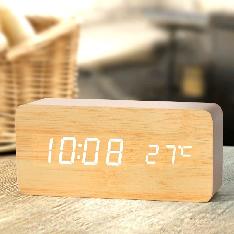 Led Desk Clock - Reloj despertador digital de madera, despertador