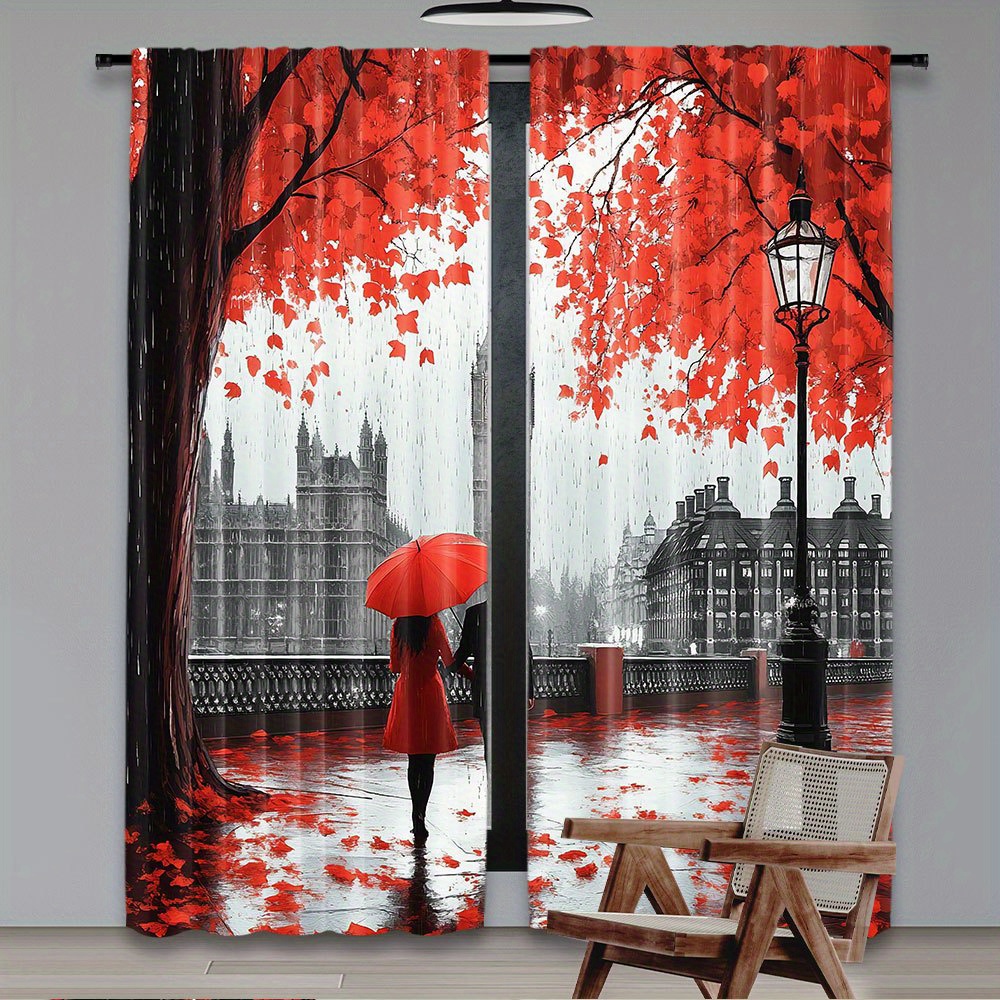 Home Office London - Cortinas románticas con hojas rojas de